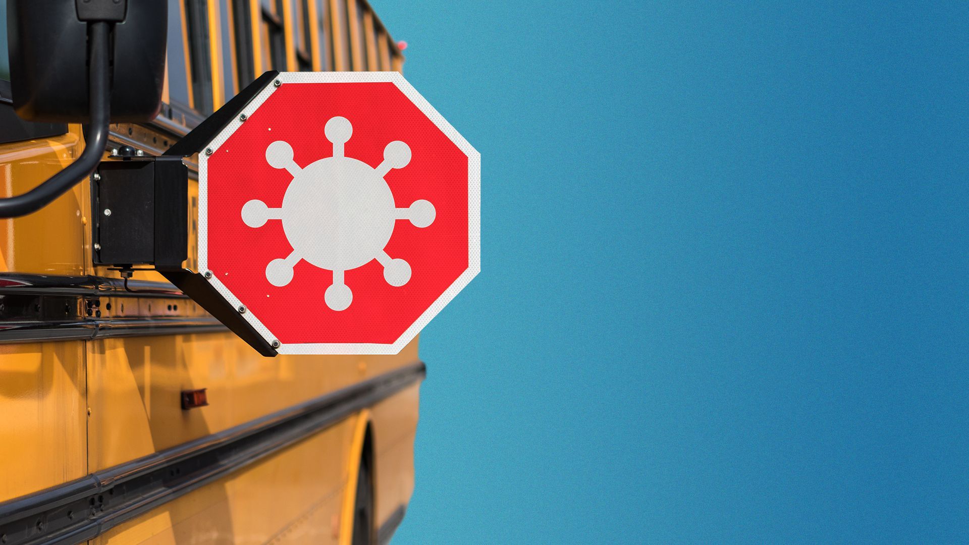 Illustration of a school bus with a covid bug on its stop sign.