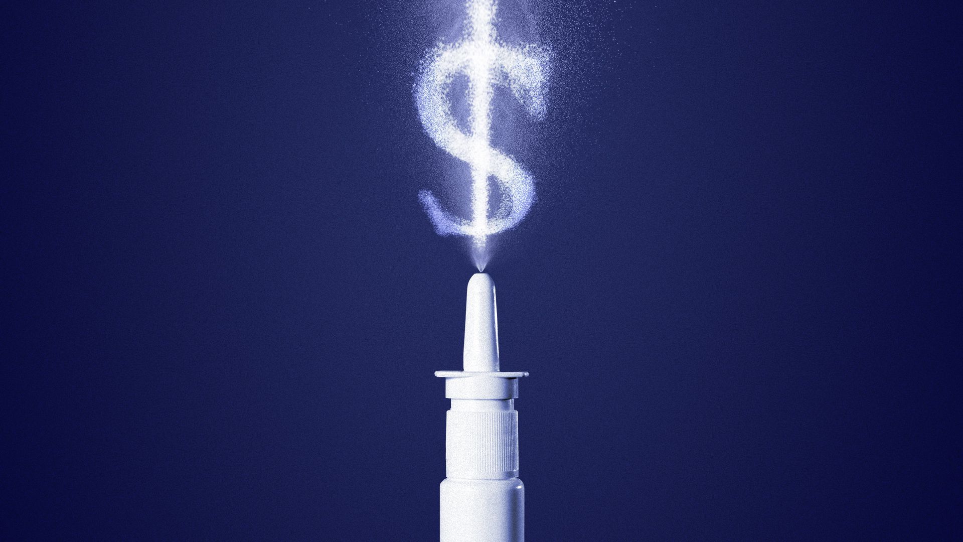 Illustration of a bottle of nasal spray spraying the shape of a dollar sign.