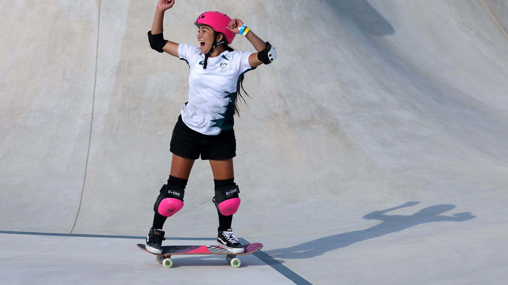 Arisa Trew of Team Australia celebrates during the Women's Park Final at the Paris Olympics
