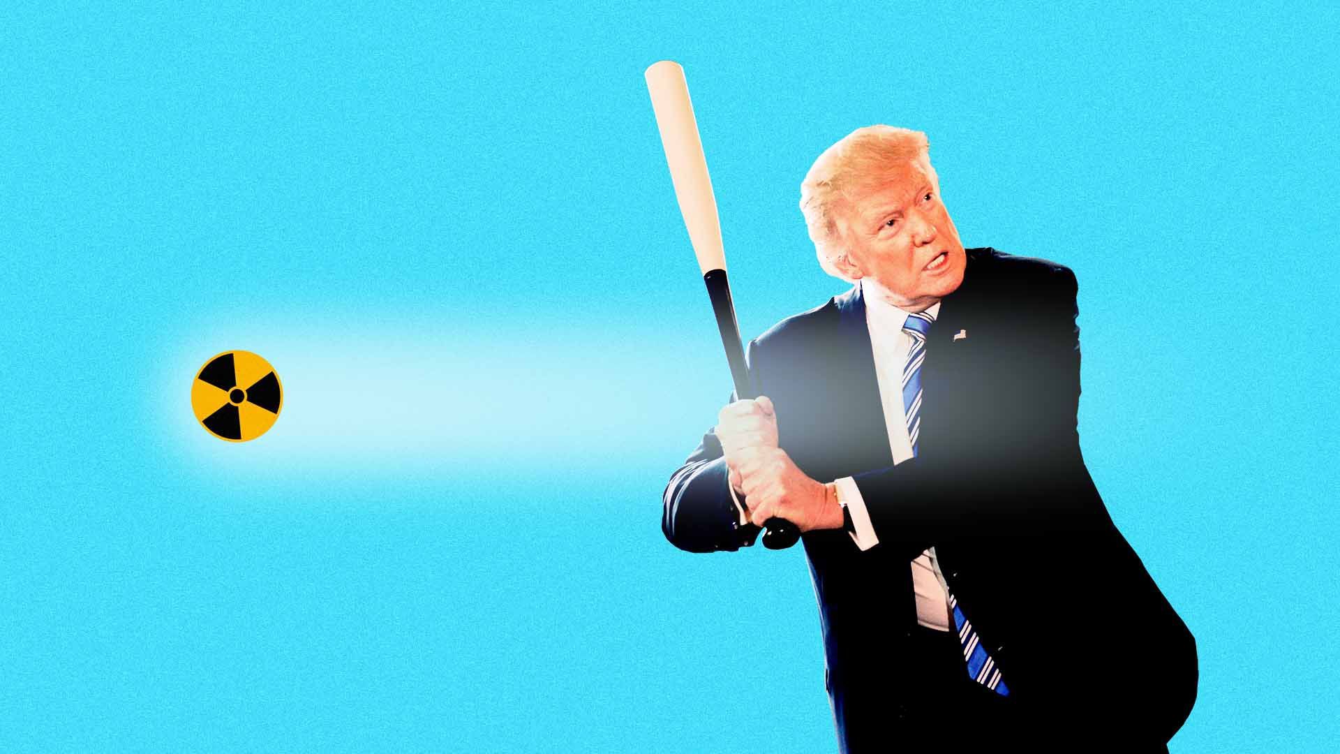 Illustration of Trump holding a bat as a baseball with a nuclear image goes past him
