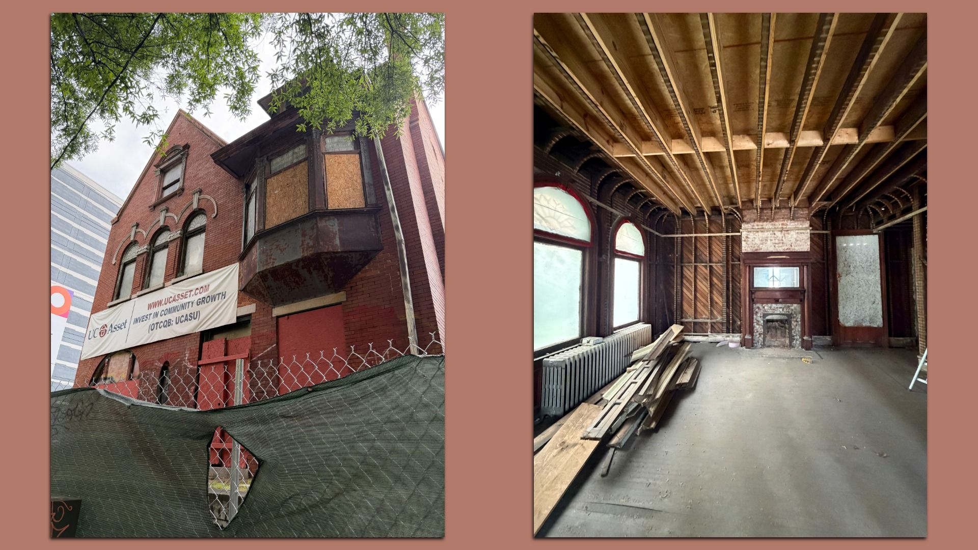 Two side-by-side photos on a brown background: left shows a red brick building with boarded windows and a banner reading "Invest in Community Growth"; right shows an unfinished room with exposed wooden joists, arched windows, and lumber.