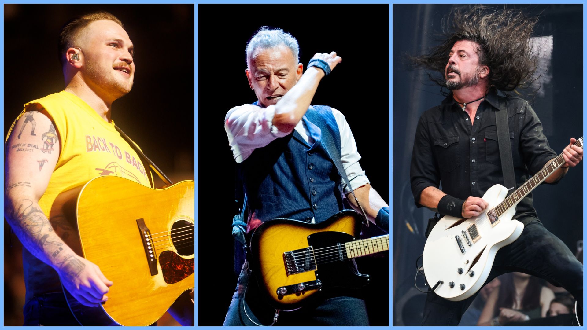 Triptych of guitarists on stage: left a tattooed man in a yellow shirt with an acoustic guitar; center a silver-haired player in a blue vest; right a long-haired rocker with a white electric guitar.