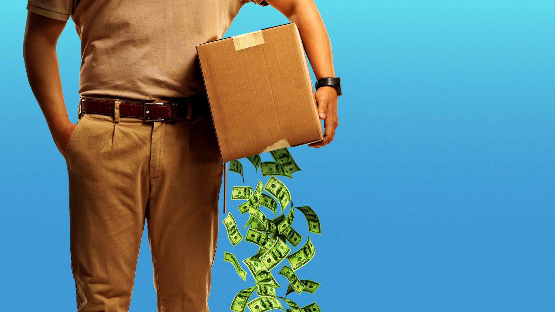Illustration of a mail delivery man holding a box with money falling out of the bottom.