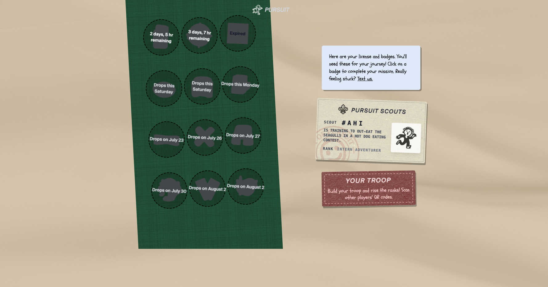 Screenshot of a green slip with 12 badges and clues