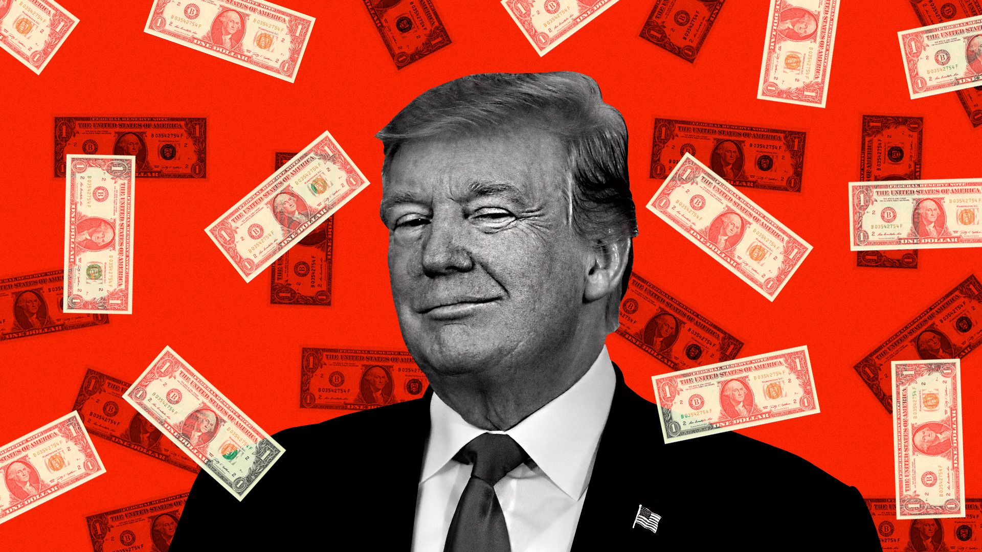 Trump smiling while dollar bills are raining all around him