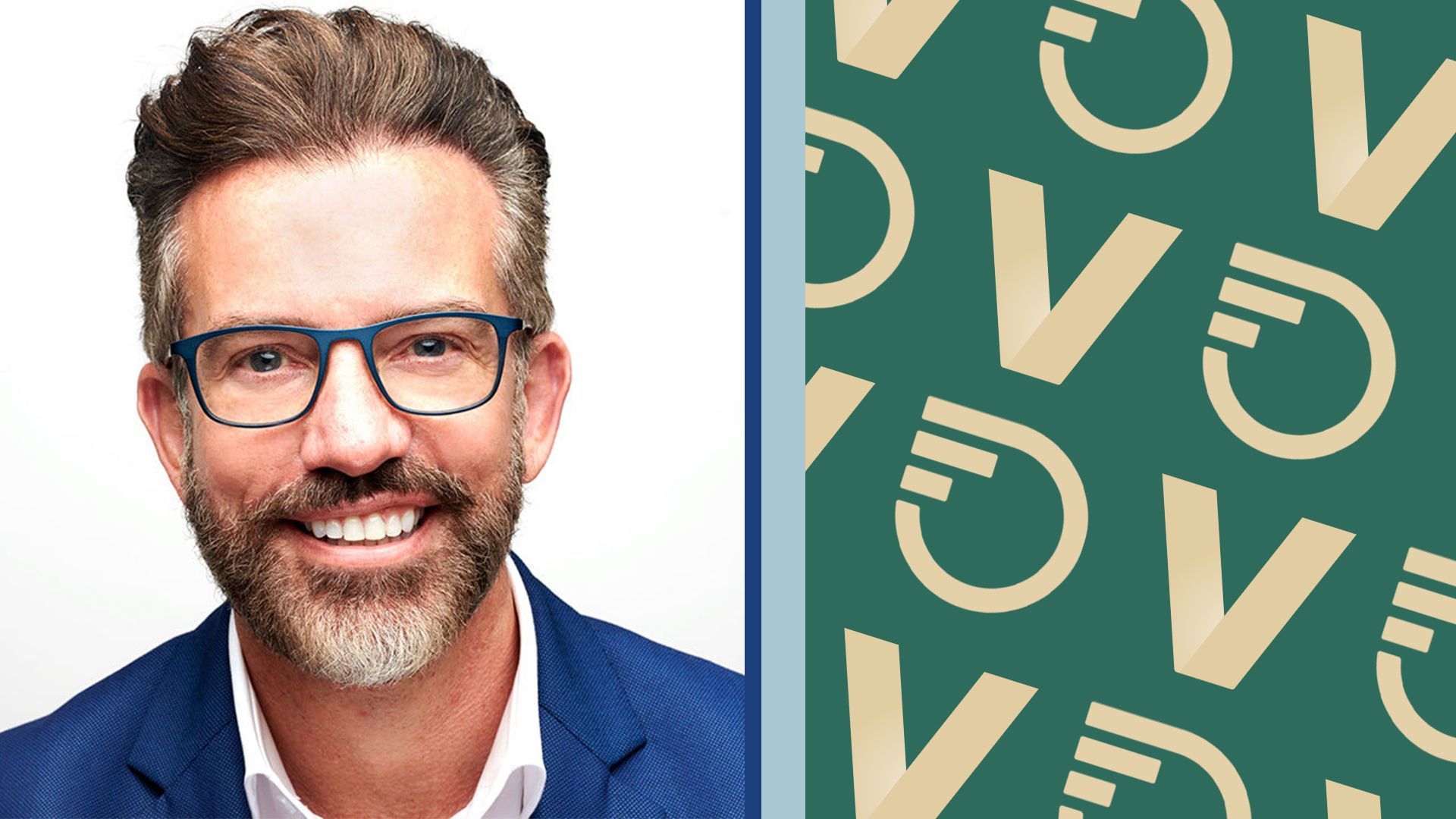 Photo illustration of Nick Jeffery beside a repeating pattern of the Verizon and Frontier Communications logos.