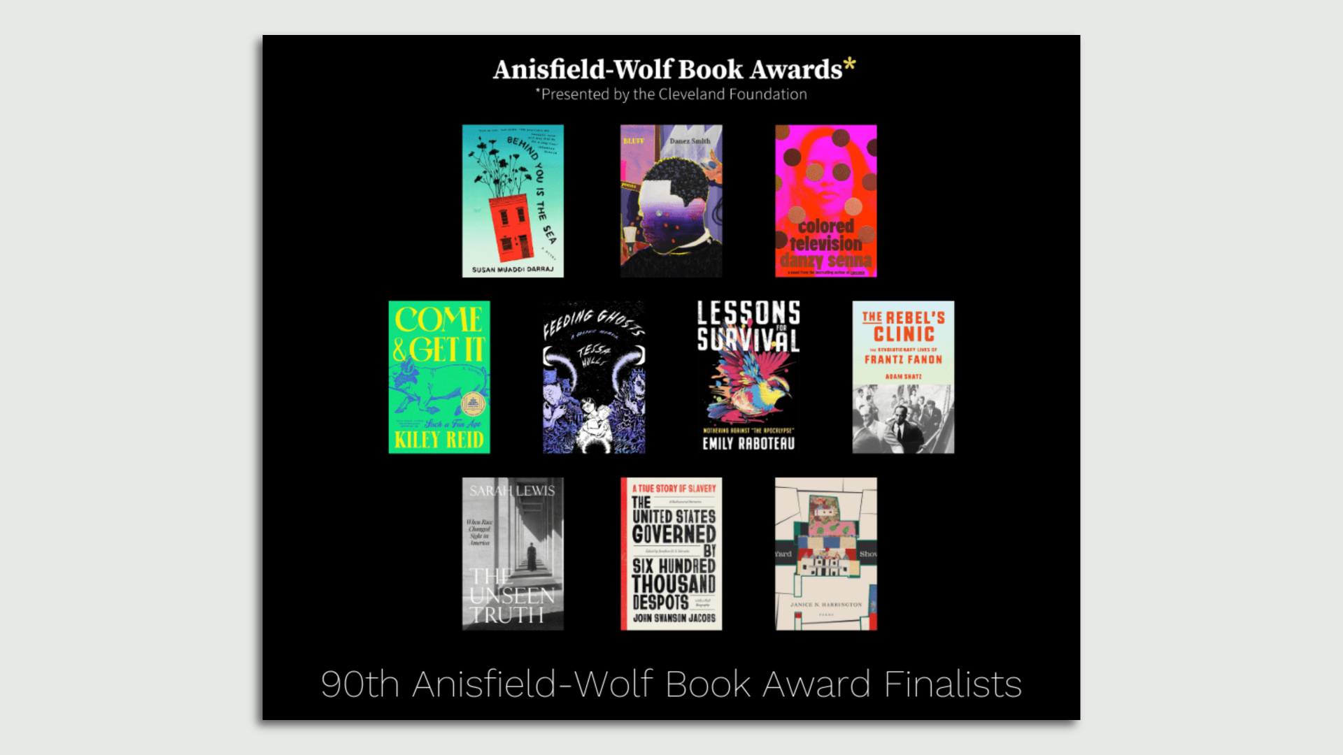 10 book covers, the finalists for the AWBA, on a black background