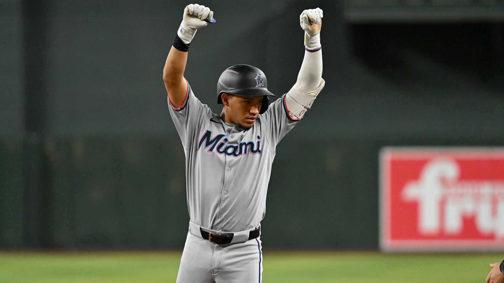 PHOENIX, ARIZONA - JUNE 29: Javier Sanoja #46 of the Miami Marlins reacts after hitting a single against the Arizona Diamondbacks during the fifth inning at Chase Field on June 29, 2025 in Phoenix, Arizona. (Photo by Norm Hall/Getty Images)