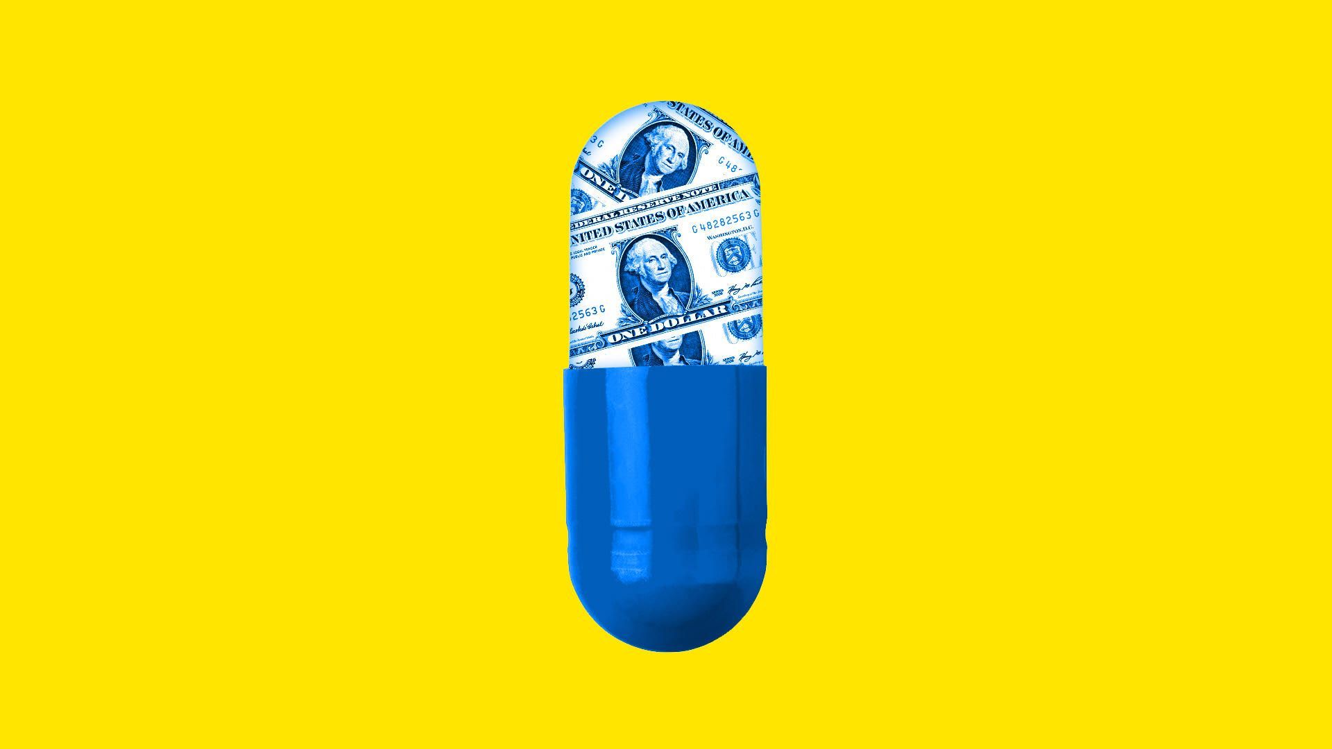 Illustration of a pill, half of which is dollar bills
