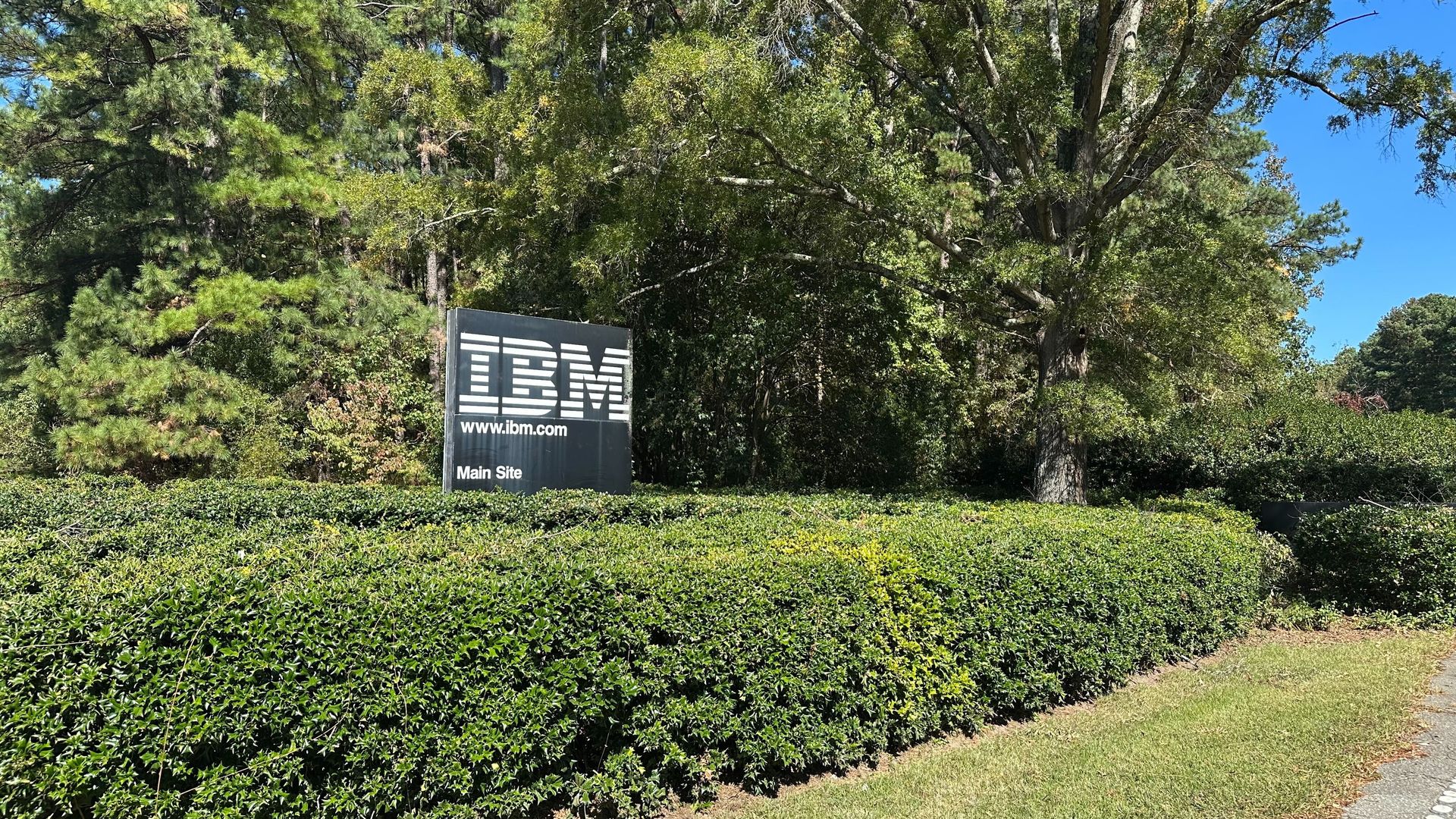 Outdoor scene with green bushes and tall trees under a clear blue sky, featuring a black IBM sign that reads "www.ibm.com" and "Main Site".