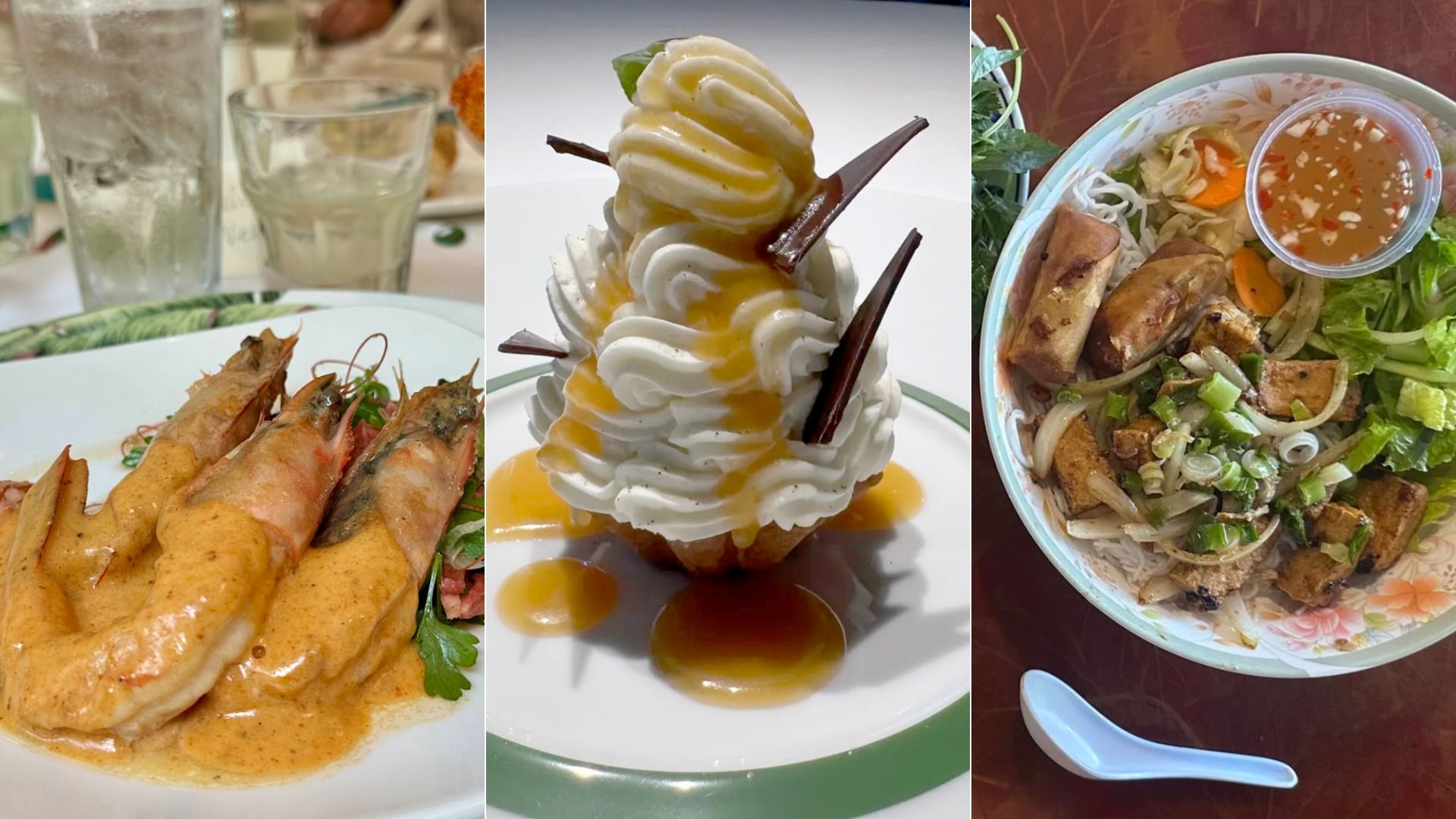 Three food images: shrimp in creamy orange sauce on a white plate with parsley, a dessert with white whipped cream, caramel drizzle, and chocolate shards, and a bowl of spring rolls, tofu, vegetables, and dipping sauce.