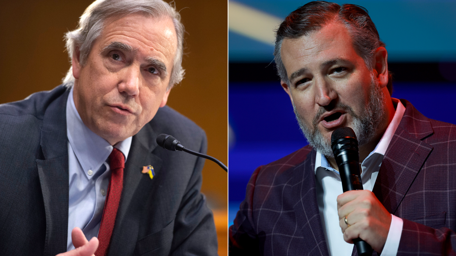 Side by side photos of Sens. Jeff Merkley and Ted Cruz