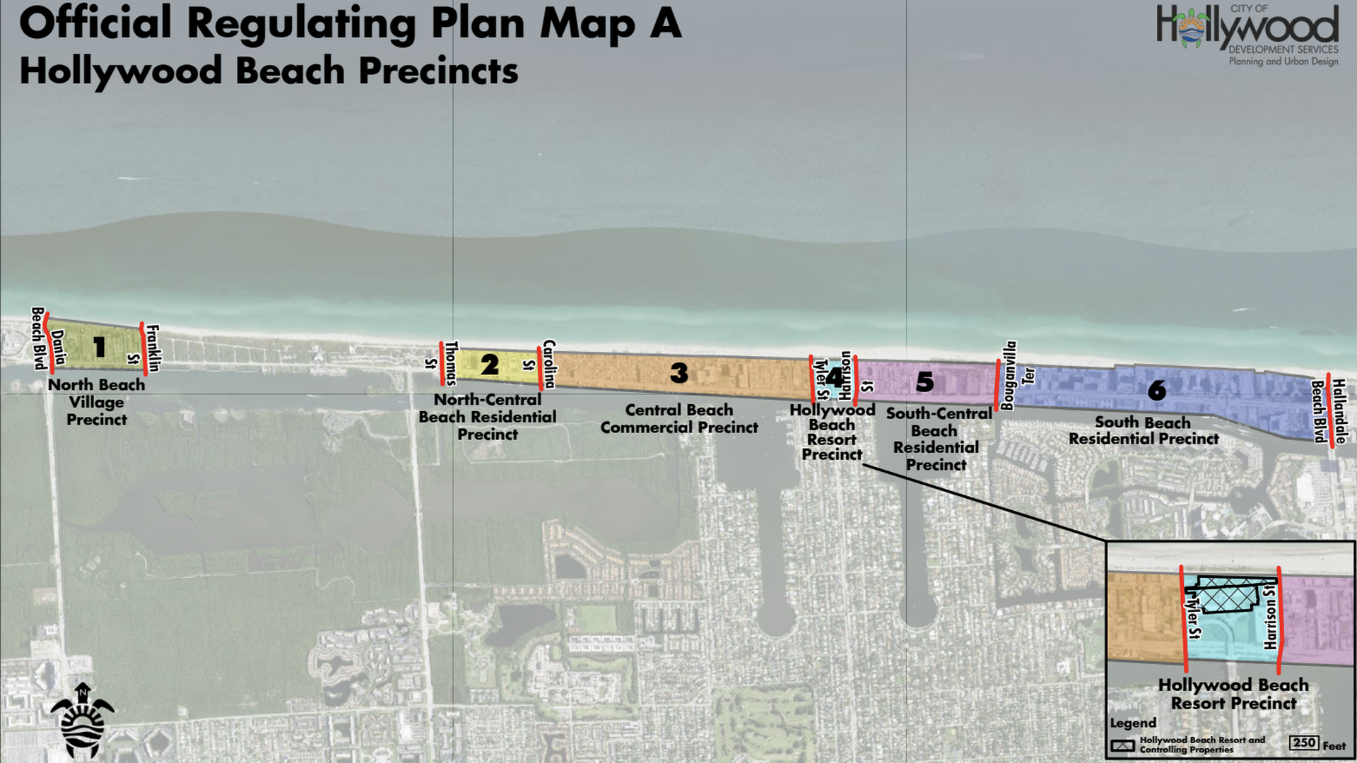 Aerial map of Hollywood Beach precincts: Regulating Plan Map A, six numbered zones along the coastline, from North Beach Village to South Beach Residential; compass and scale shown.