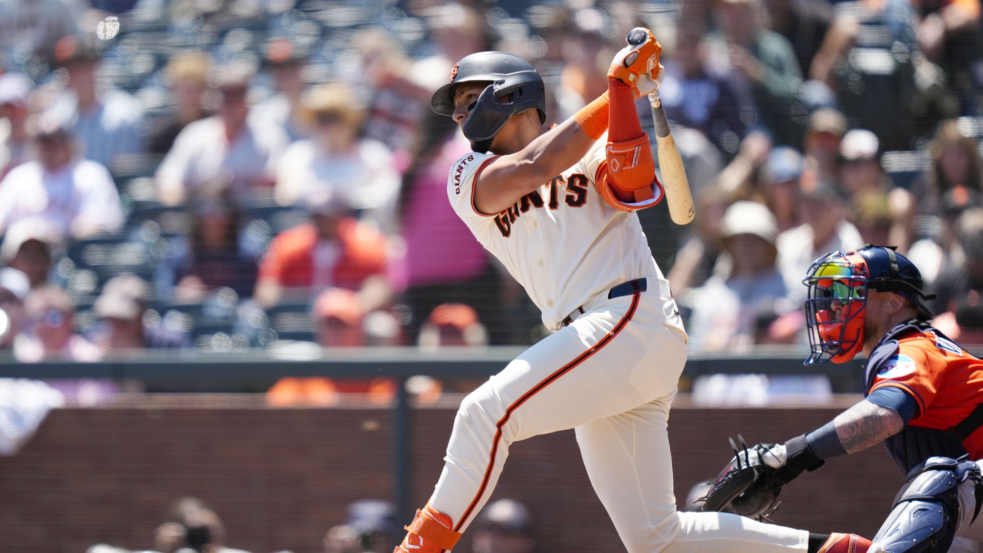SAN FRANCISCO, CALIFORNIA - AUGUST 12: Victor Bericoto #78 of the San Francisco Giants hits an RBI single at Oracle Park on August 12, 2026 in San Francisco, California. (Photo by Suzanna Mitchell/San Francisco Giants/Getty Images)


