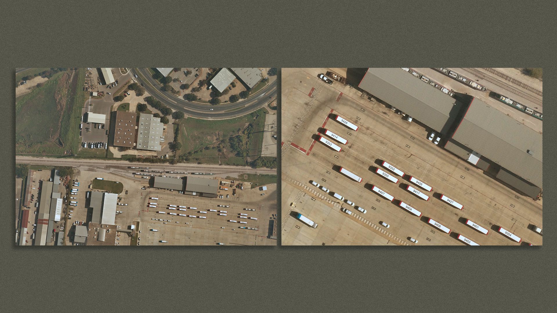 Image comparison of the same bus station in 30cm resolution (left) and 10cm resolution (right). 