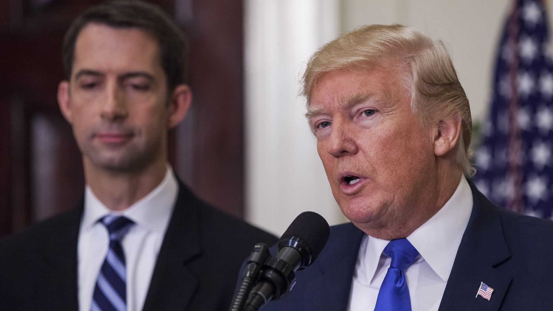Trump and Tom Cotton stand in suits 