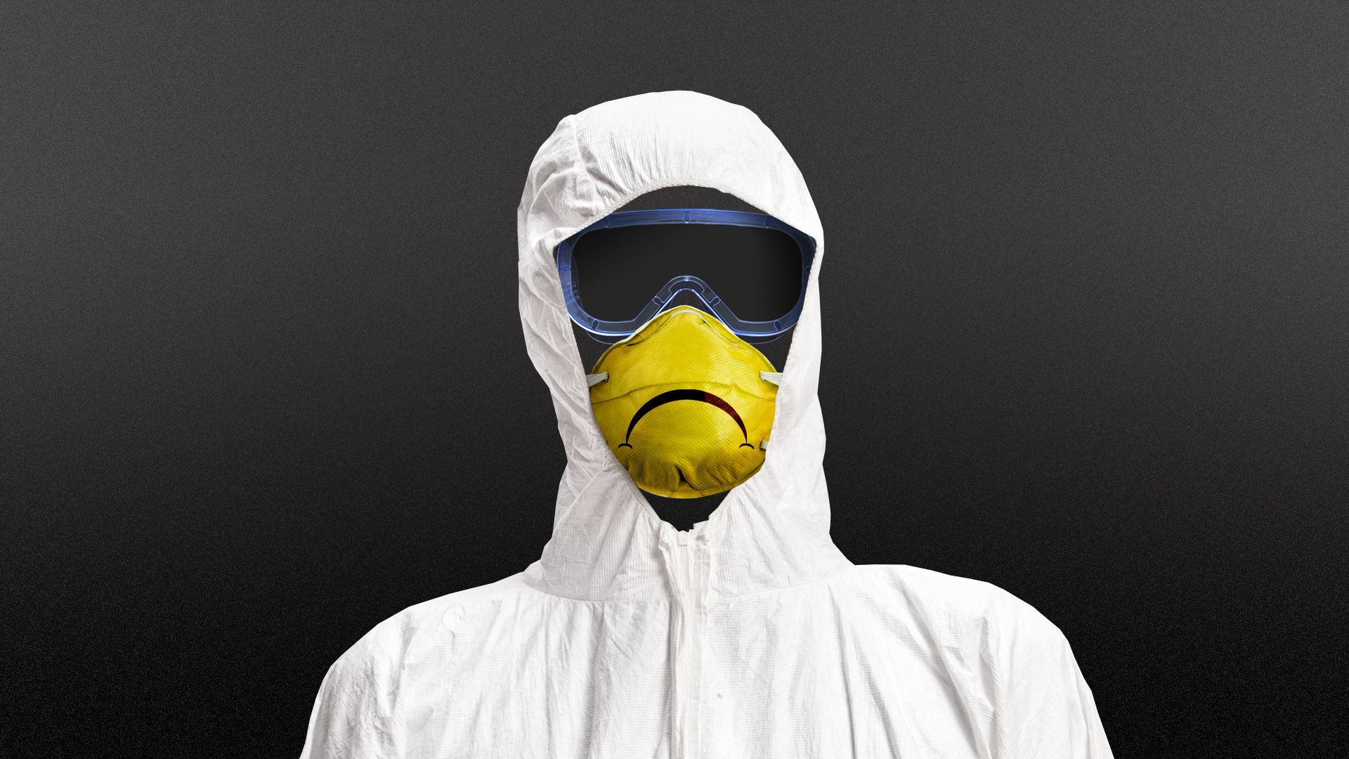 Illustration of a PPE gown, goggles, and frown face mask 