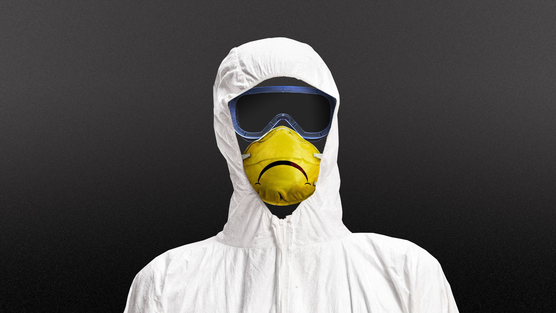 Illustration of a PPE gown, goggles, and frown face mask