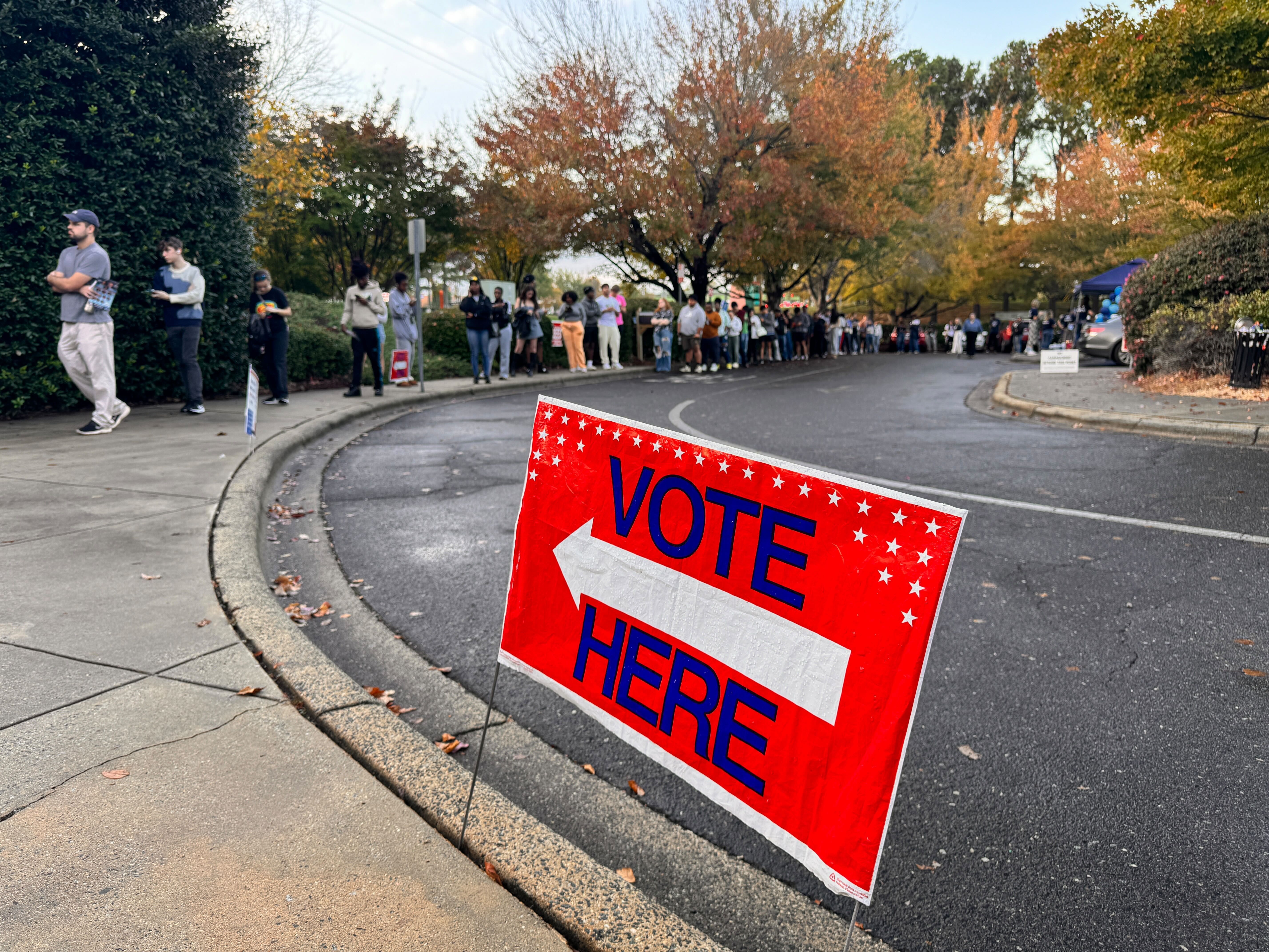 "vote here sign" at the forefront with a long line behind it
