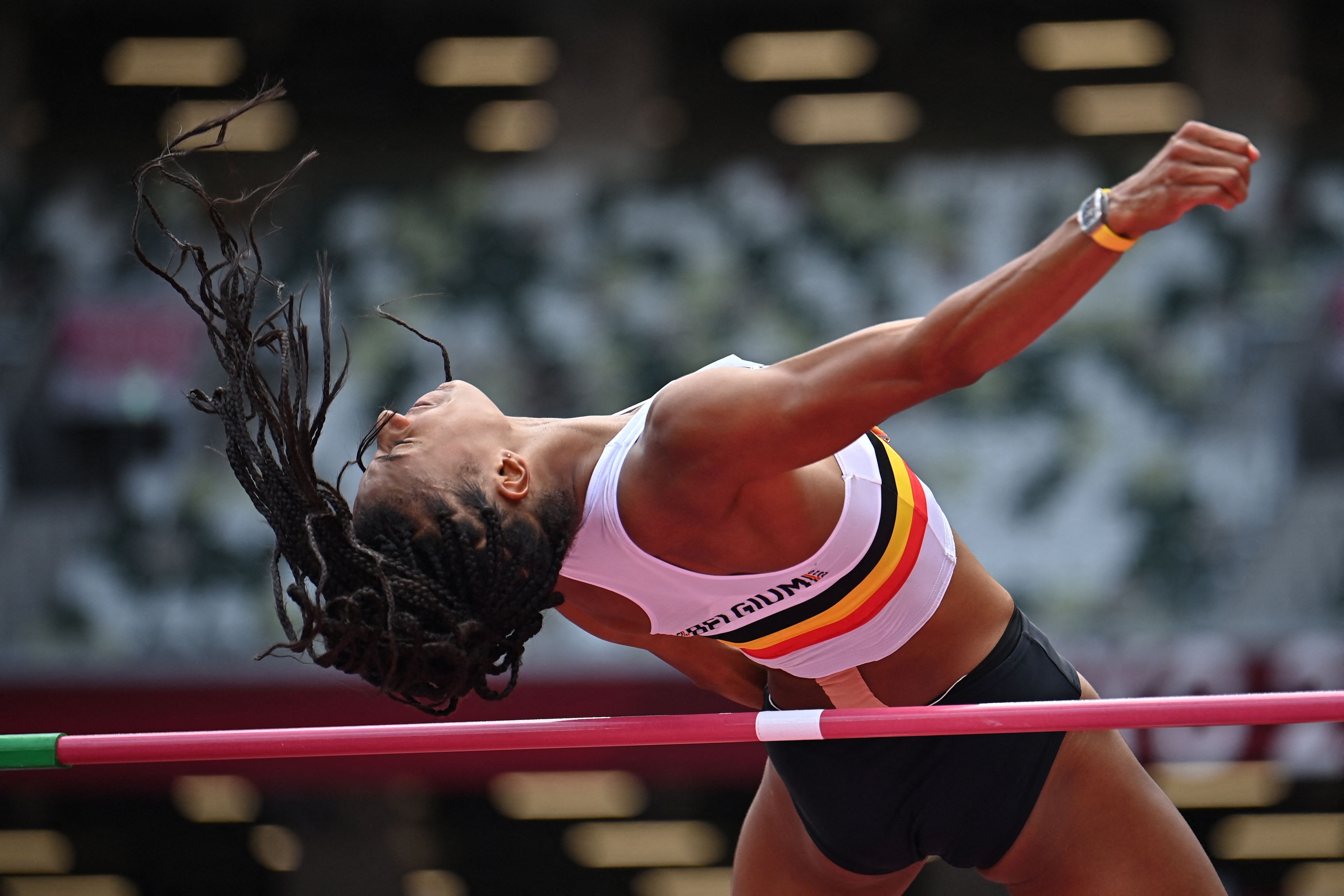 Belgium's Nafissatou Thiam competes in the women's heptathlon high jump during the Tokyo 2020 Olympic Games at the Olympic Stadium in Tokyo on August 4
