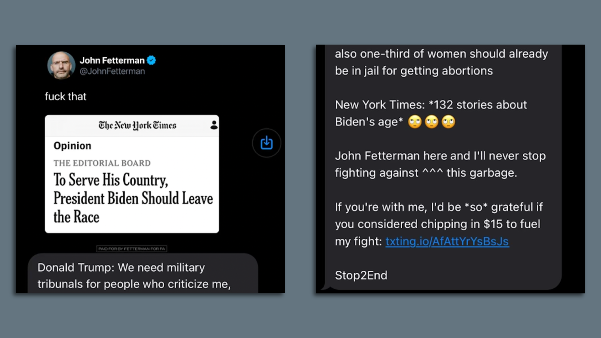 A fundraising text from Sen. John Fetterman.