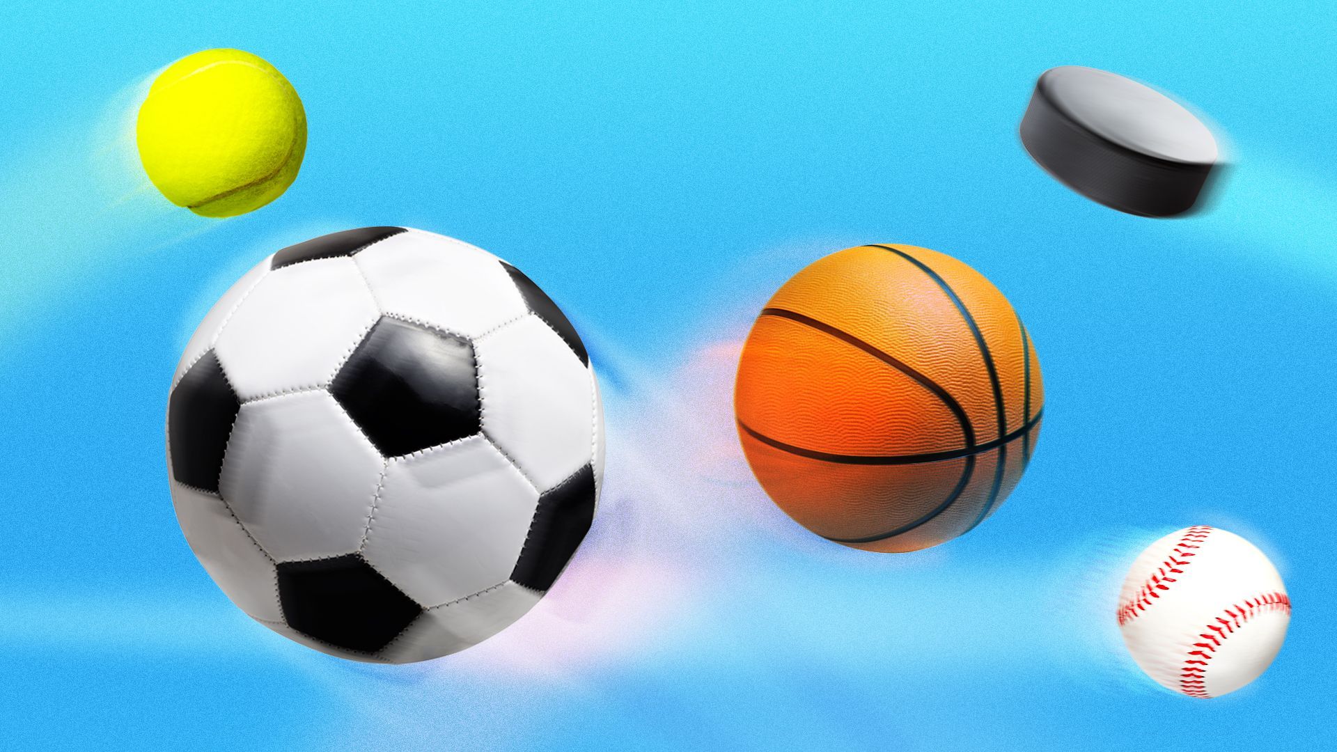 Illustration of a tennis ball, a soccer ball, a basketball, a baseball, and a hockey puck flying through the sky