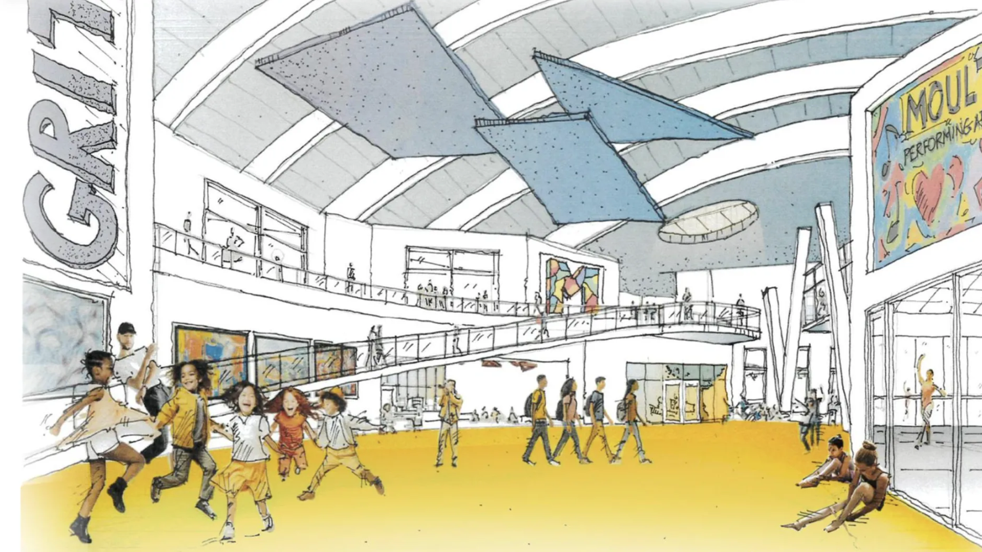 Illustration of a spacious, modern performing arts center with yellow floors, children running and sitting, people walking, vibrant art on walls, and blue acoustic panels on the ceiling.