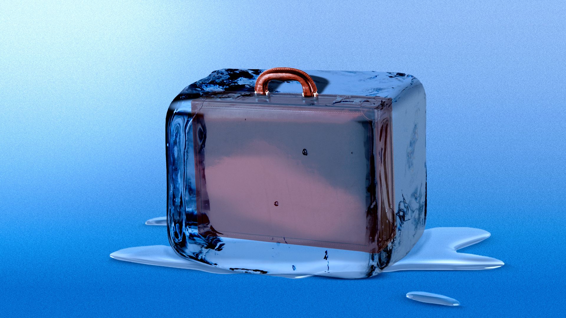 Illustration of a briefcase frozen in an ice cube. 
