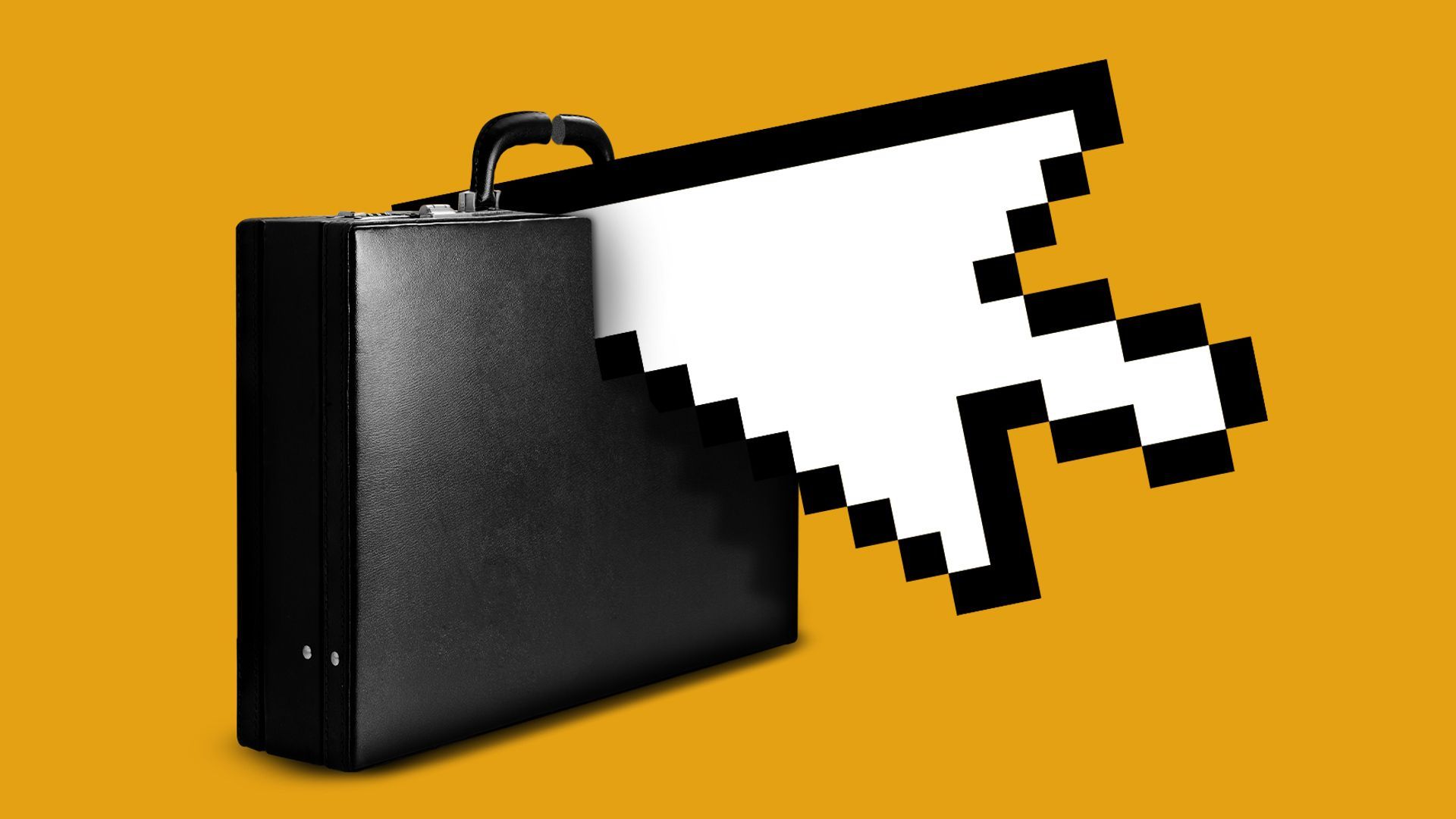 Illustration of a giant cursor slicing a briefcase in half.