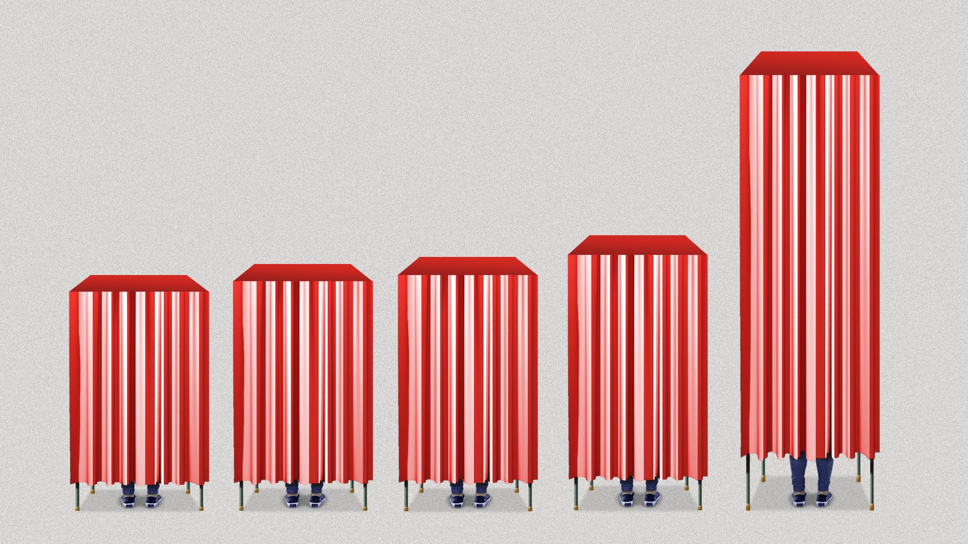 In this illustration, a series of voting booths get longer over time, like a bar chart.