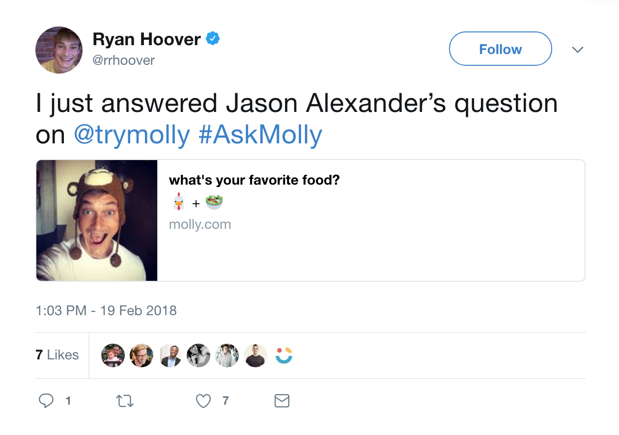 Product Hunt founder Ryan Hoover answers a question on Molly.