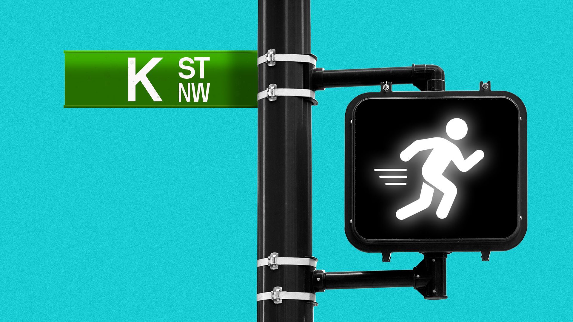Illustration of a K Street street sign with a running pedestrian logo