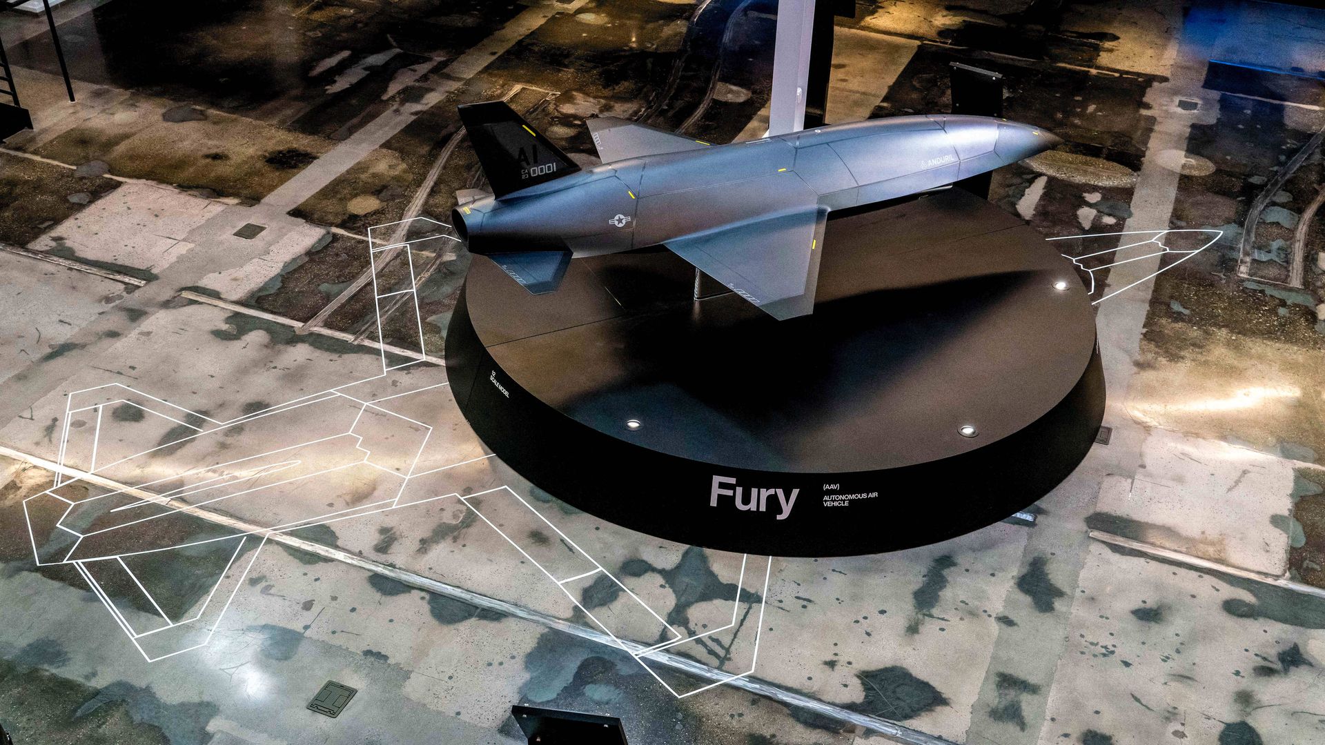 A scale model of the Anduril Fury, an autonomous air vehicle, at Anduril's headquarters