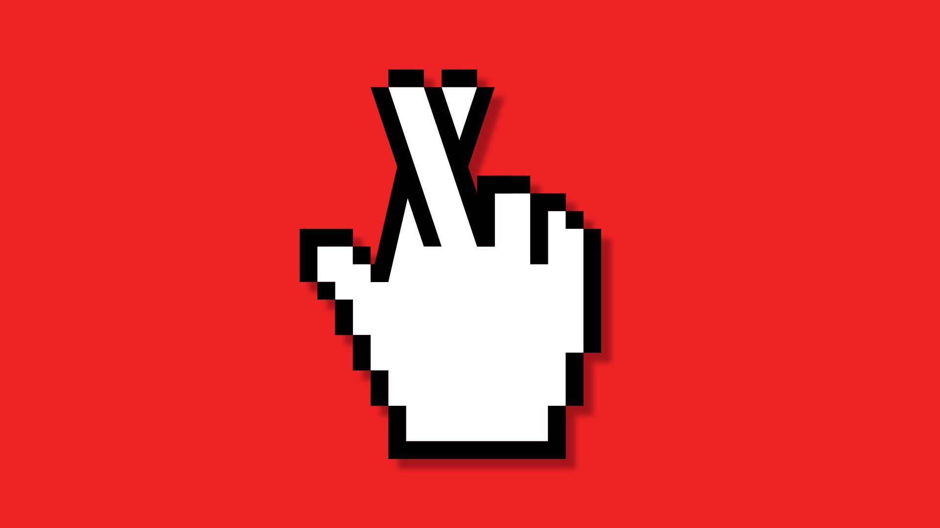 Illustration of a hand cursor with crossed fingers.  