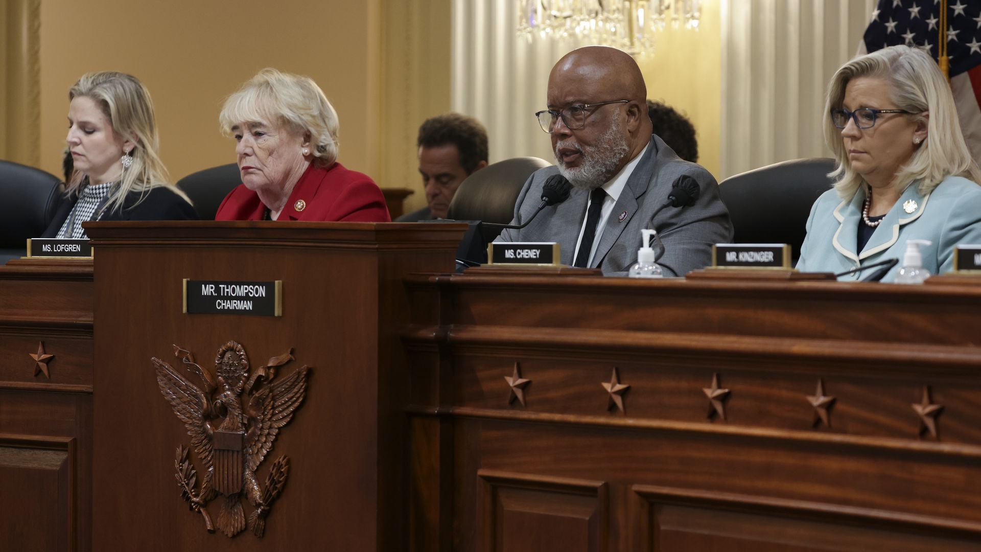 Reps. Zoe Lofgren, Bennie Thompson and Liz Cheney sit behind the dais at a Jan. 6 committee hearing.