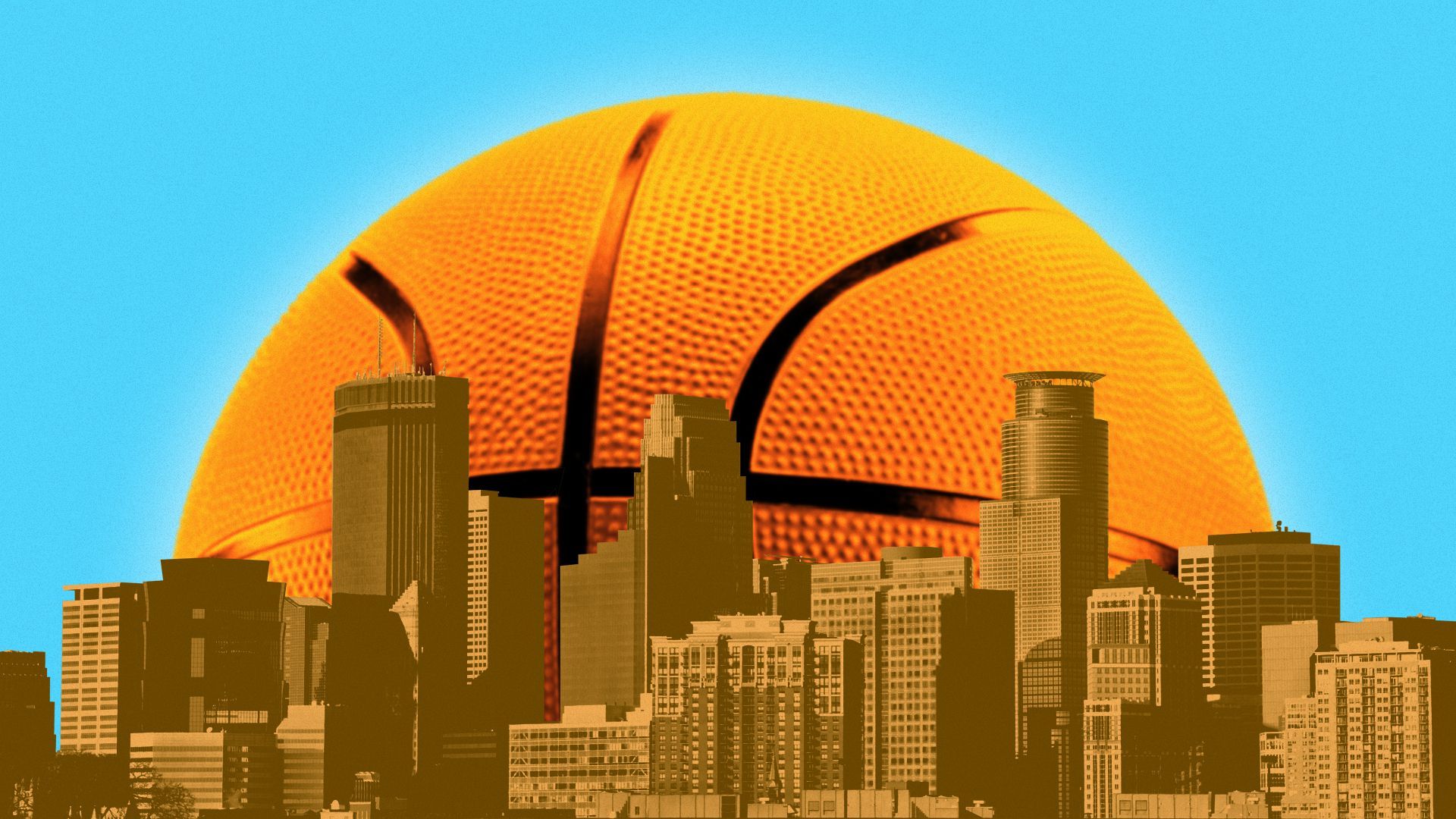Illustration of the Minneapolis skyline with a basketball behind it as if rising like a sun