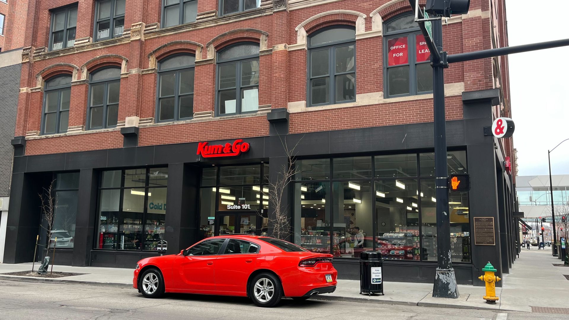 A ground shot of the downtown DSM Kum&Go