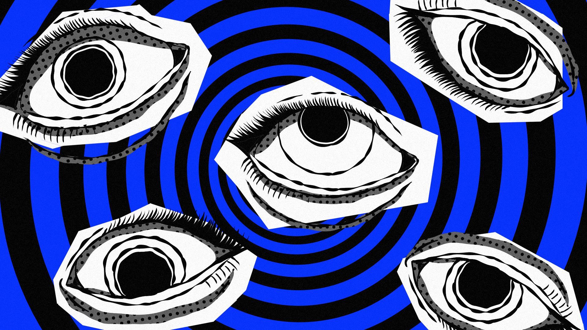 Illustration of multiple staring eyes overlapping a spiral background.