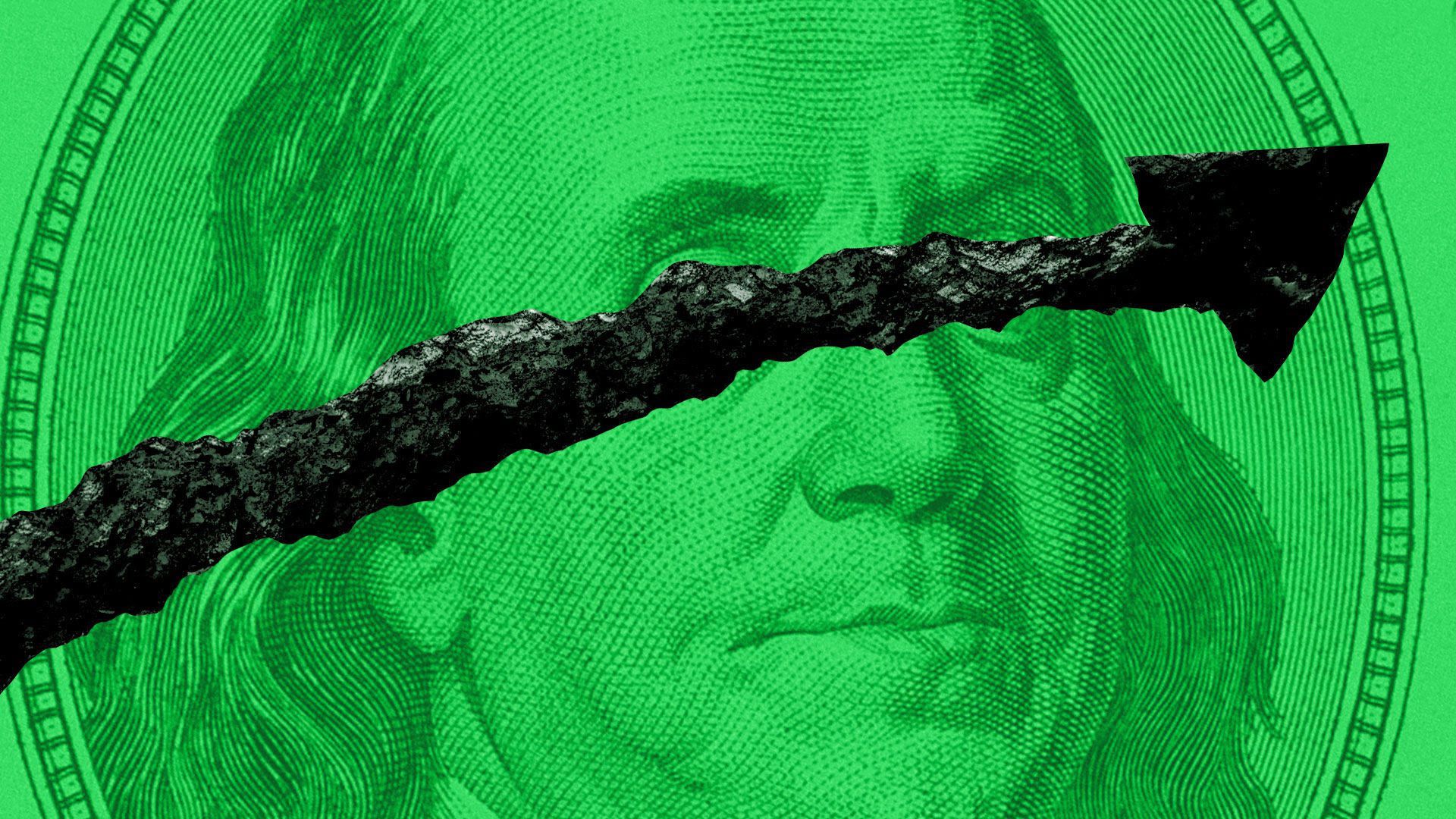 Illustration of a black arrow going across Benjamin Franklin's face