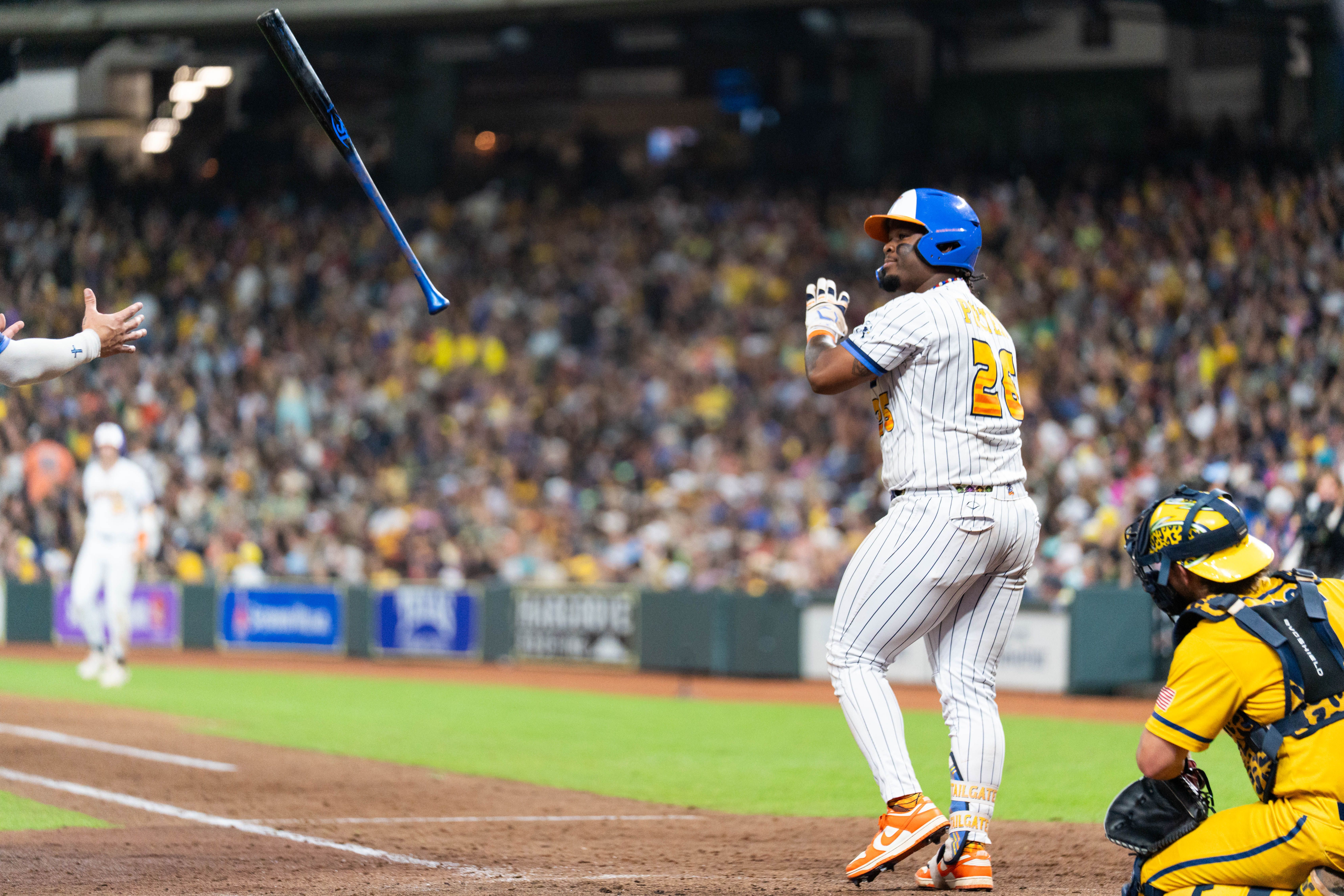 Taj Porter #26 of the Texas Tailgaters reacts after hitting a home run during a game against the Savannah Bananas at Daikin Park on September 26, 2025 in Houston, TX. (Photo by Houston Astros/Getty Images)
