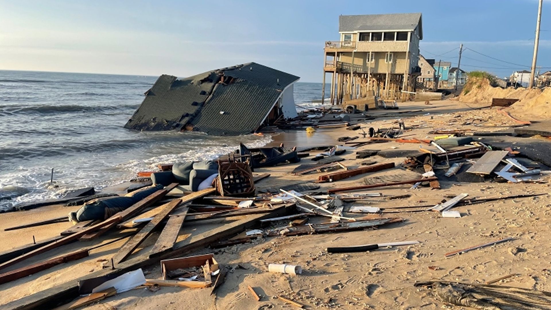 The remains of a collapsed house at 24131 Ocean Drive, Rodanthe, North Carolina.