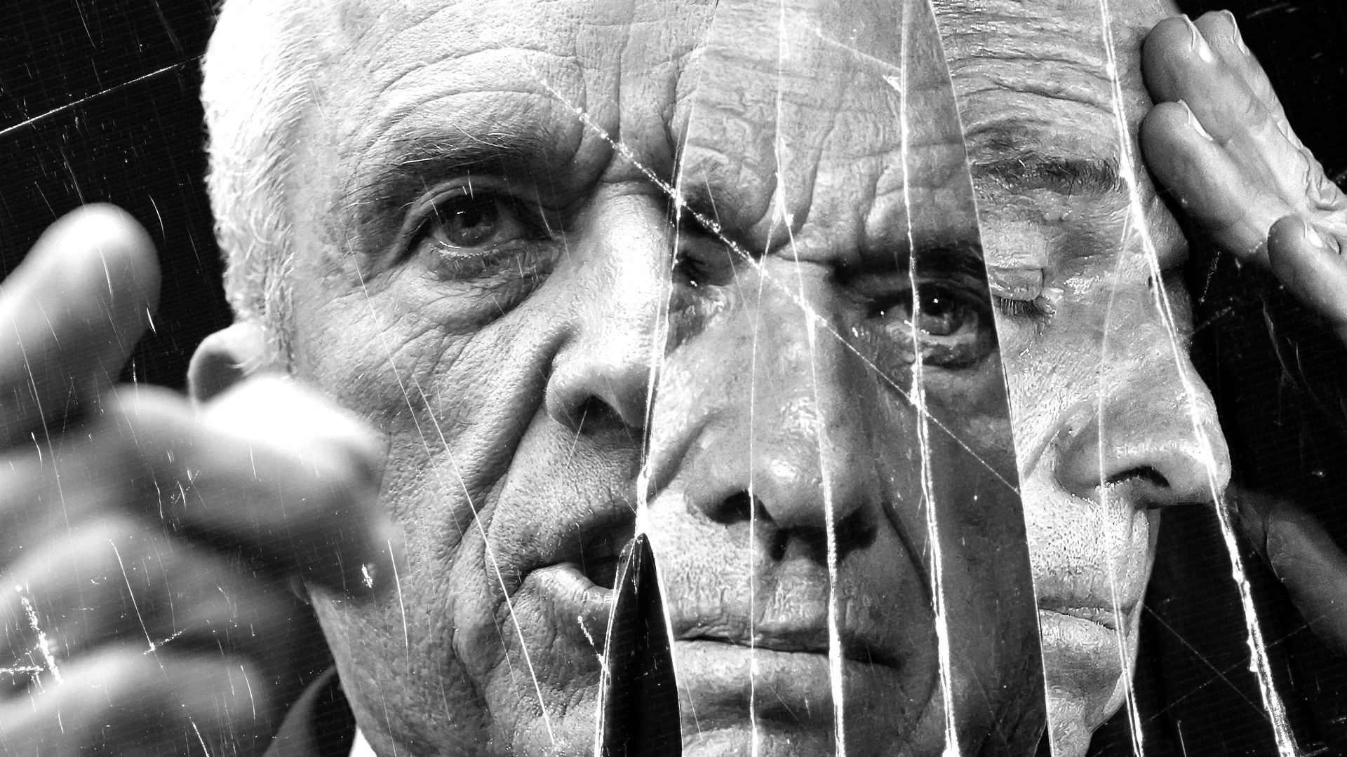 Photo illustration of different angles of Robert Kennedy Jr. behind broken glass.
