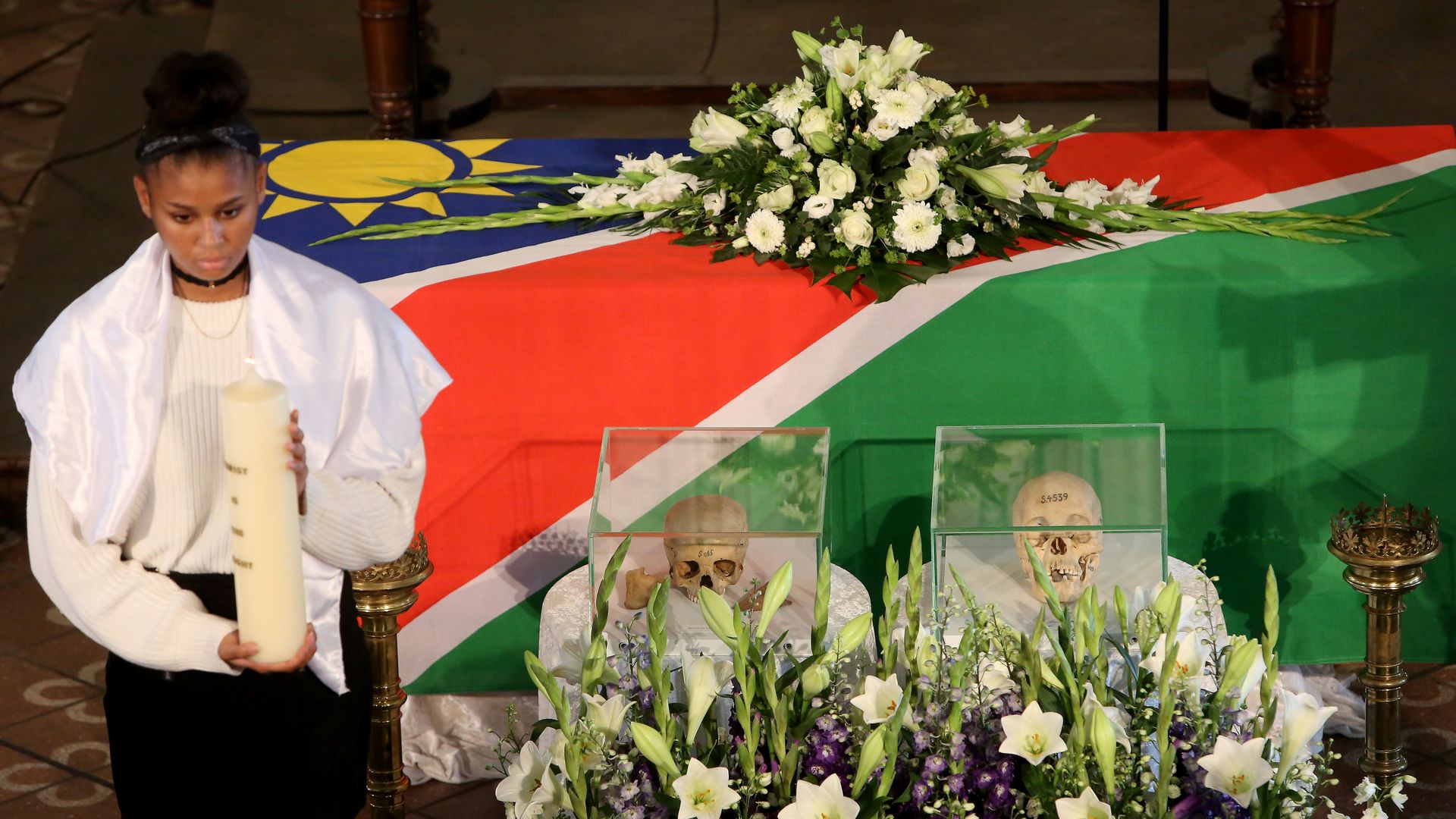 A repatriation ceremony of Namibian skulls at the Franzoesische Friedrichstadtkirche (French Cathedral) on Gendarmenmarkt on August 29, 2018 in Berlin, Germany. 