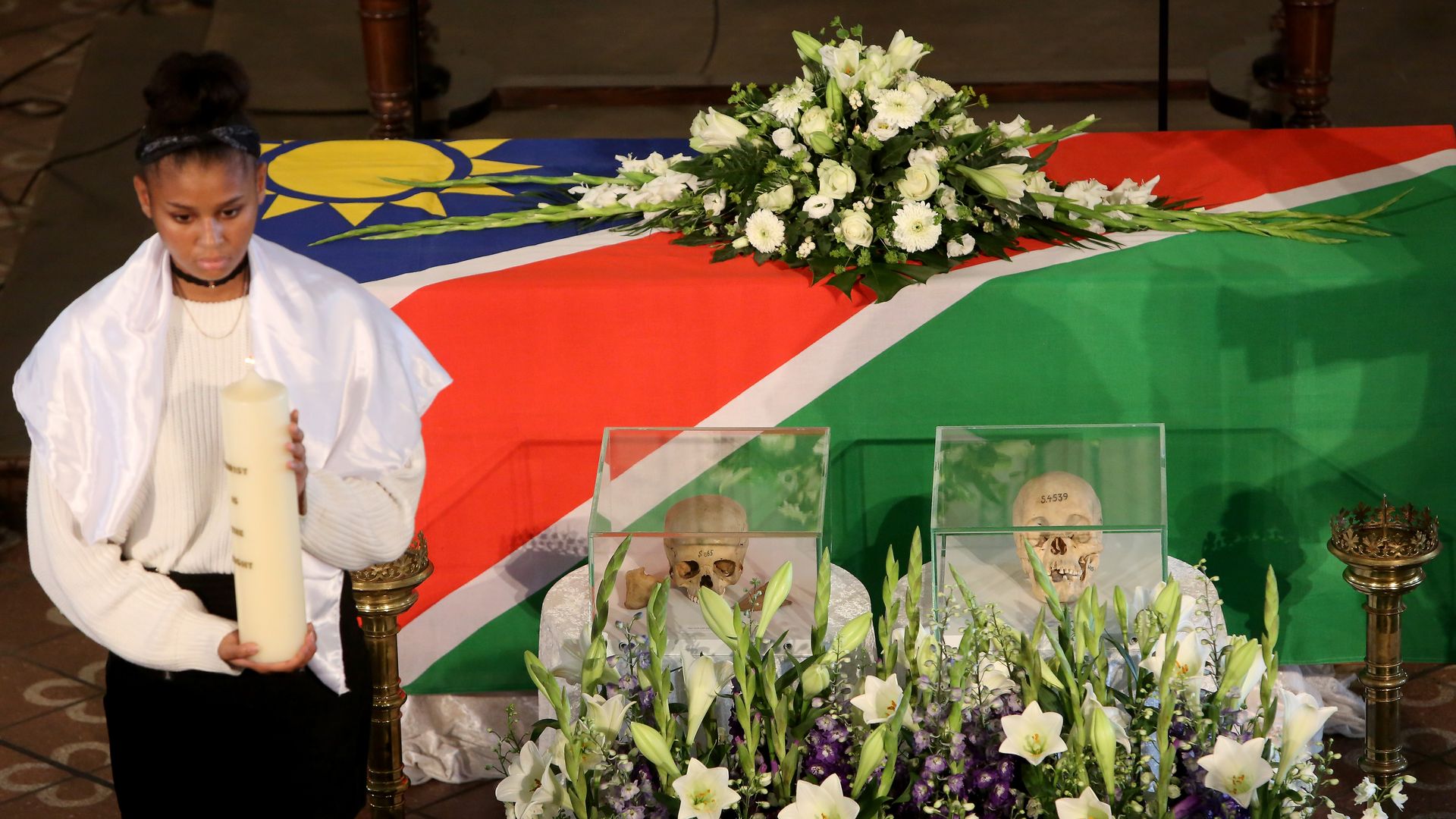 A repatriation ceremony of Namibian skulls at the Franzoesische Friedrichstadtkirche (French Cathedral) on Gendarmenmarkt on August 29, 2018 in Berlin, Germany.