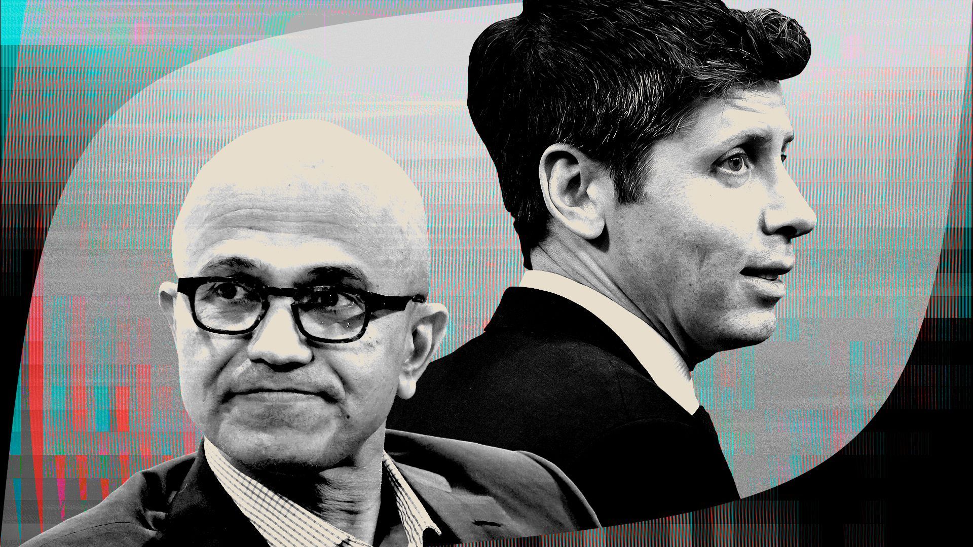 Photo illustration of Satya Nadella and Sam Altman framed by sparkle shapes and covered by glitchy patterns.