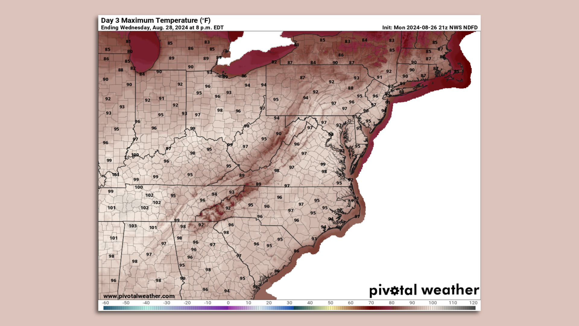 Forecast map showing highs in the upper 90s across D.C.