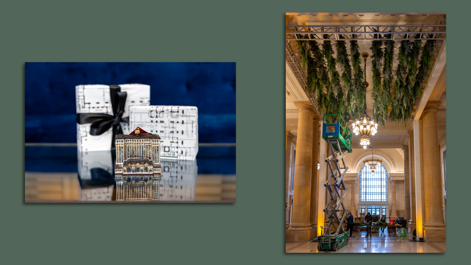 A small Michigan Central ornament is shown sitting on a table. And greenery is shown in a second photo decorating the station for the holidays.
