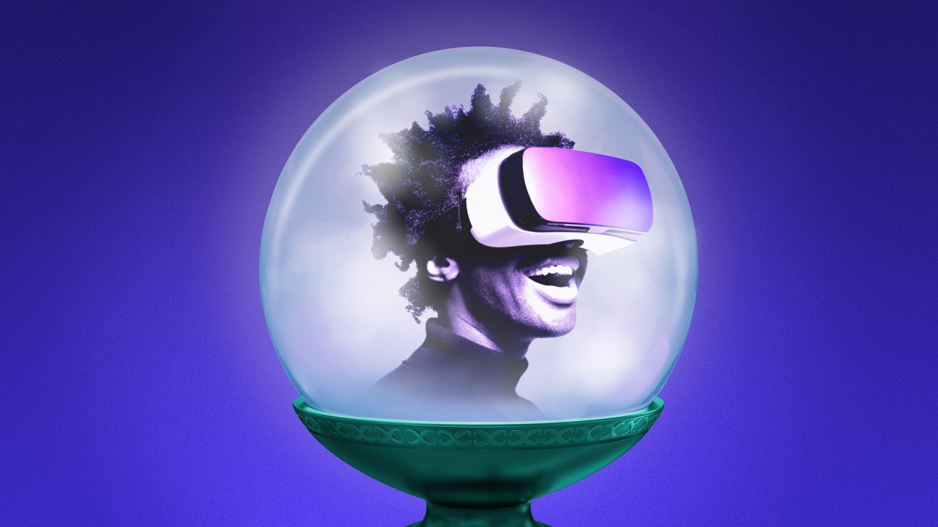Illustration of a crystal ball featuring a man in a VR headset 
