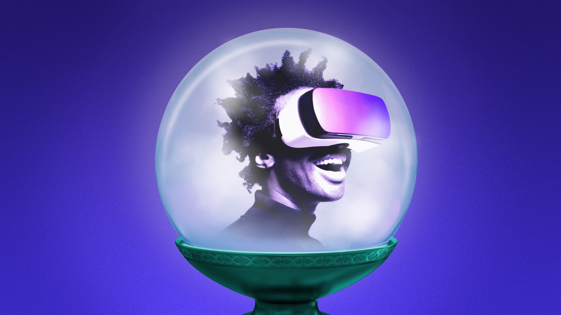 Illustration of a crystal ball featuring a man in a VR headset