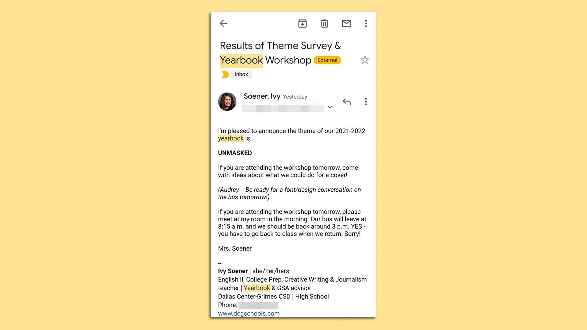 An email of a high school teacher announcing "unmasked" as the yearbook theme for 2021-2022.